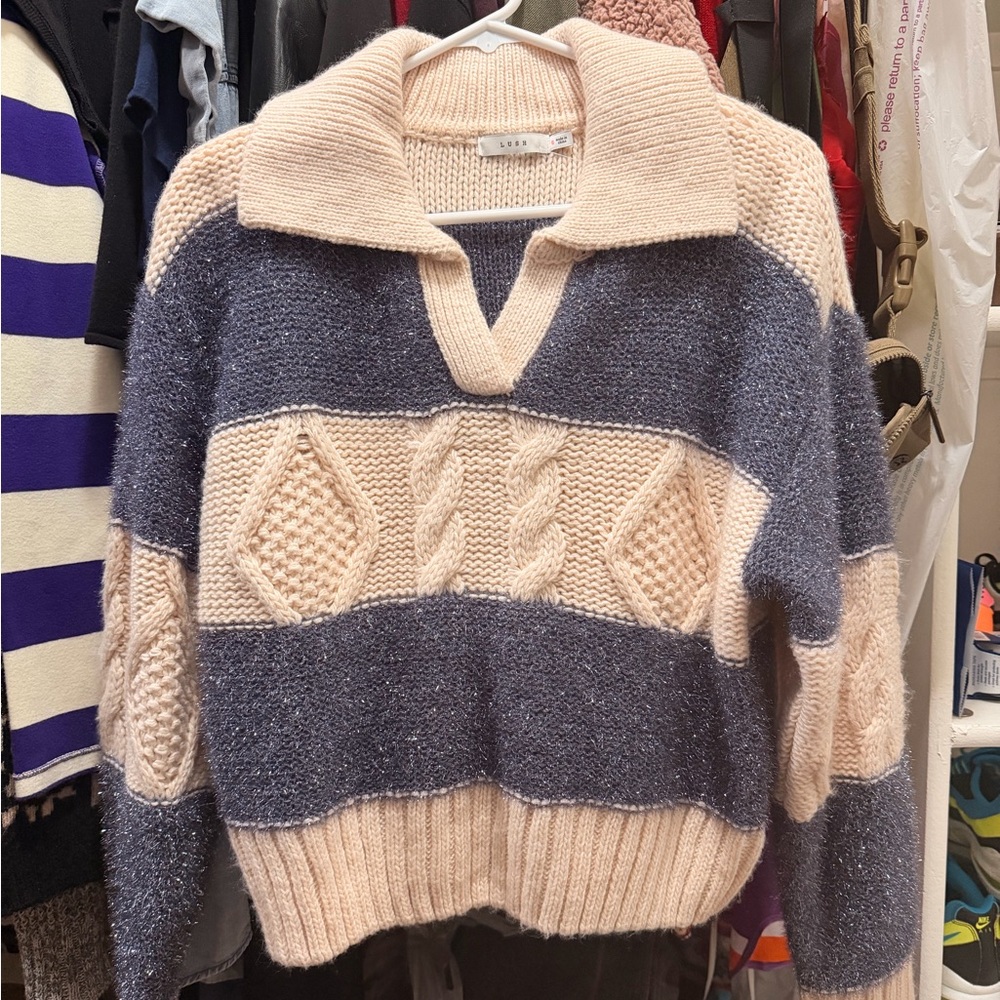 Lush Light Pink and Gray Knit Sweater Size Small